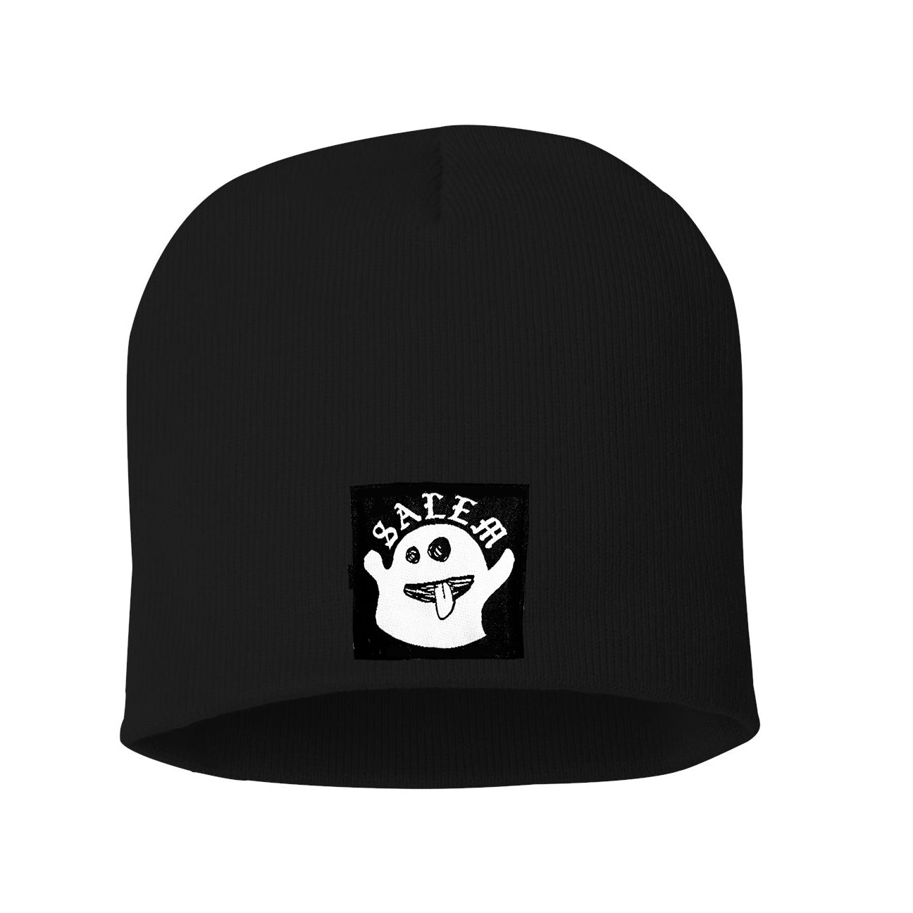 Black beanie with a Salem Ghost in white.