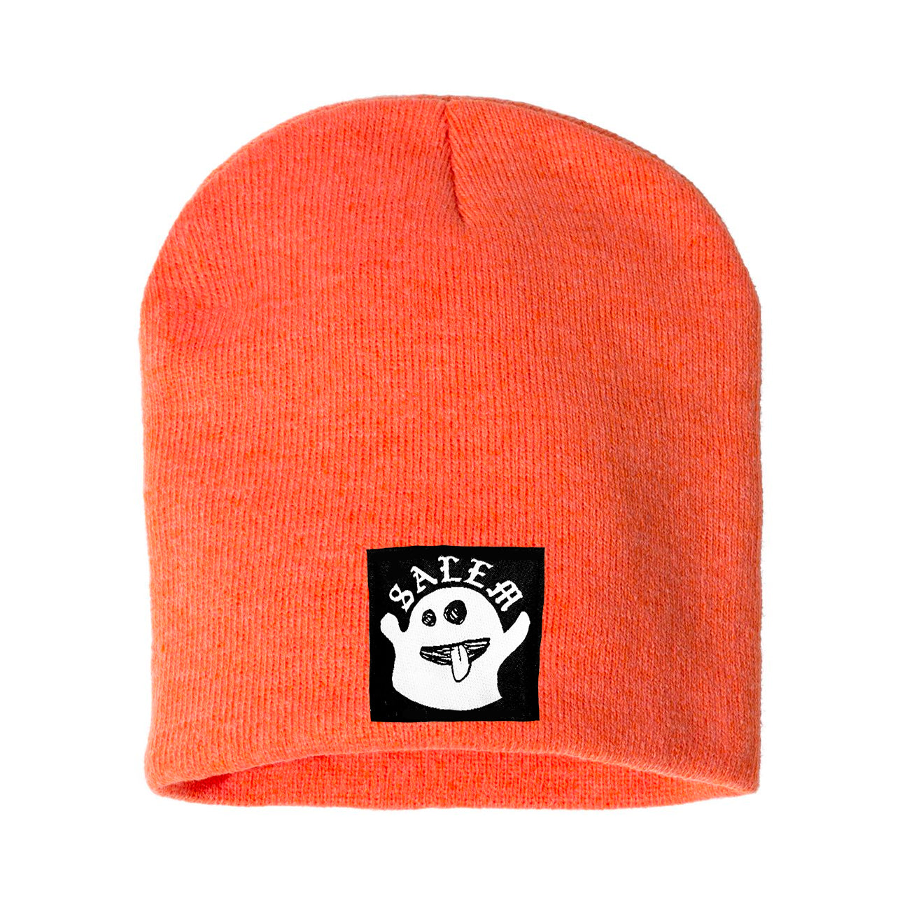 Orange beanie with a ghost and Salem lettering in white gothic font against a black patch.
