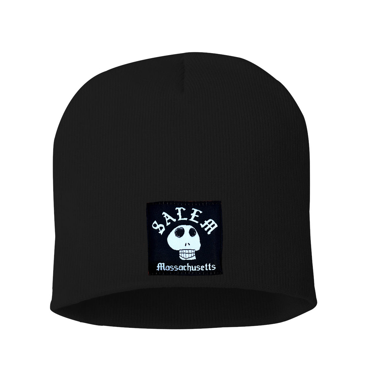 Black beanie with skull and Salem, Massachusetts in white gothic font.
