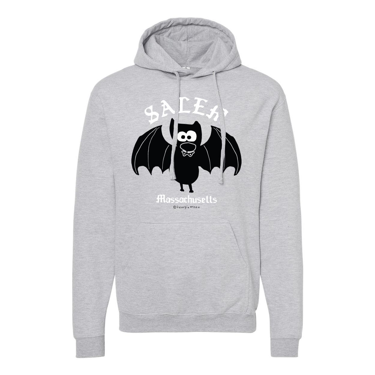 Grey Hooded Sweatshirt with a black bat on it and the words Salem, Massachusetts in white gothic letters. 