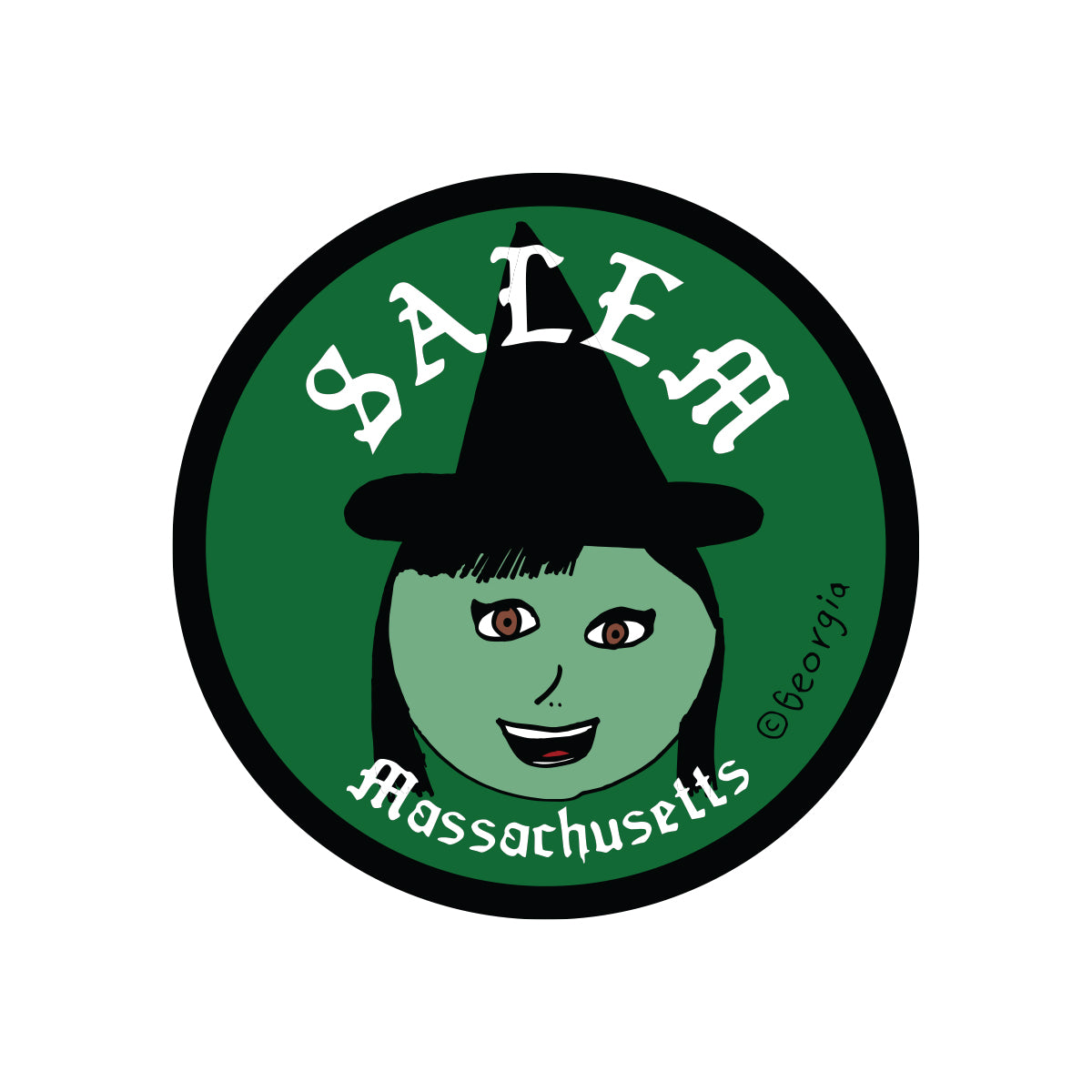Green Salem Witch with Black Hat and the words Salem, Massachusetts in white. 