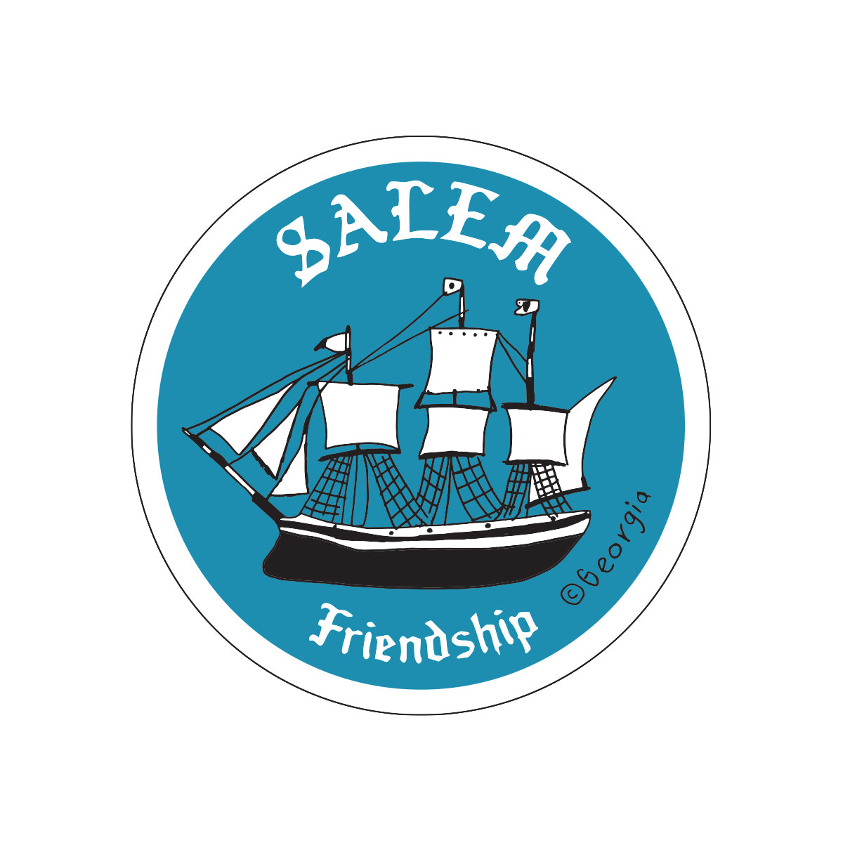 Blue sticker with the Friendship boat and words Salem, Friendship in white. 