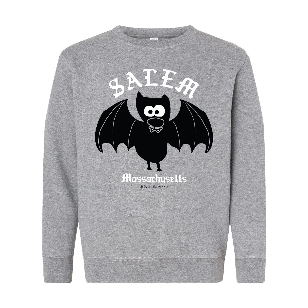 Grey crew neck sweatshirt soft with black Salem, MA Bat white font. 