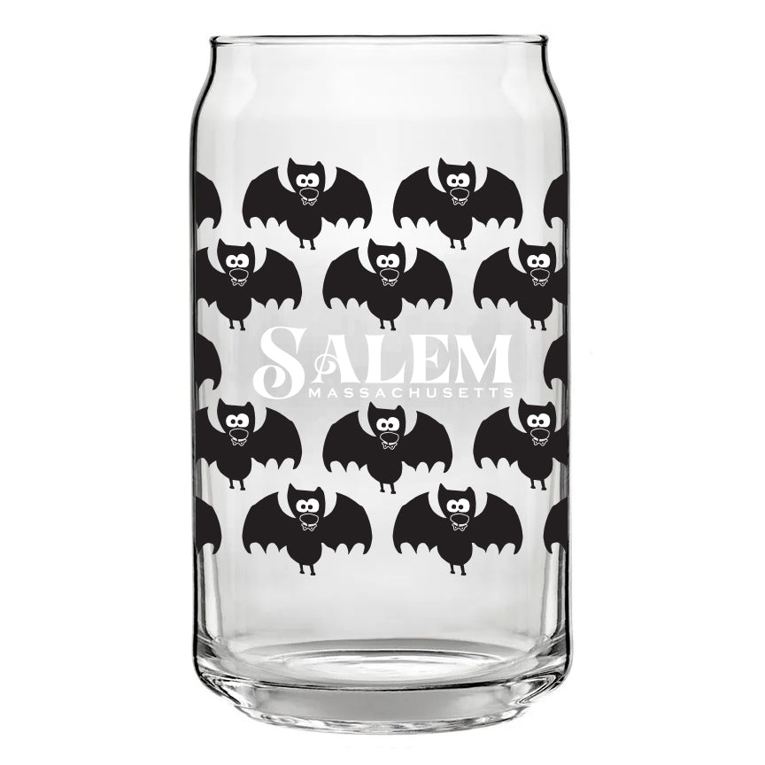 vampire bats can shaped glass with Salem, Massachusetts on it.