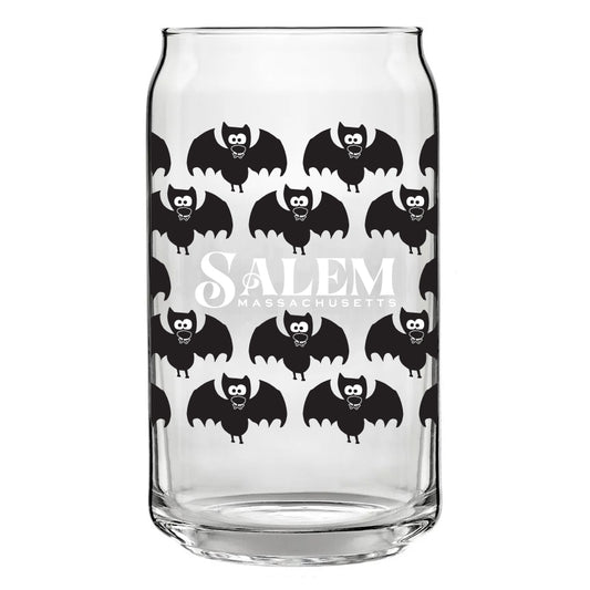 vampire bats can shaped glass with Salem, Massachusetts on it.