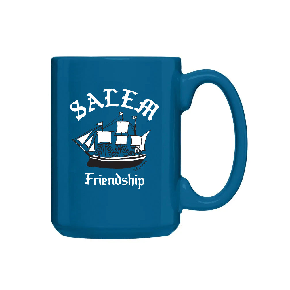 Blue 15oz mug with Salem and drawing of the Friendship sailboat.