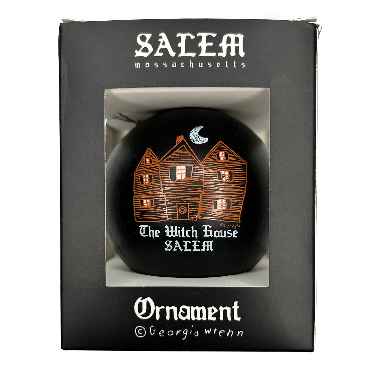 Black ornament ball with the Witch House in Salem on it. 