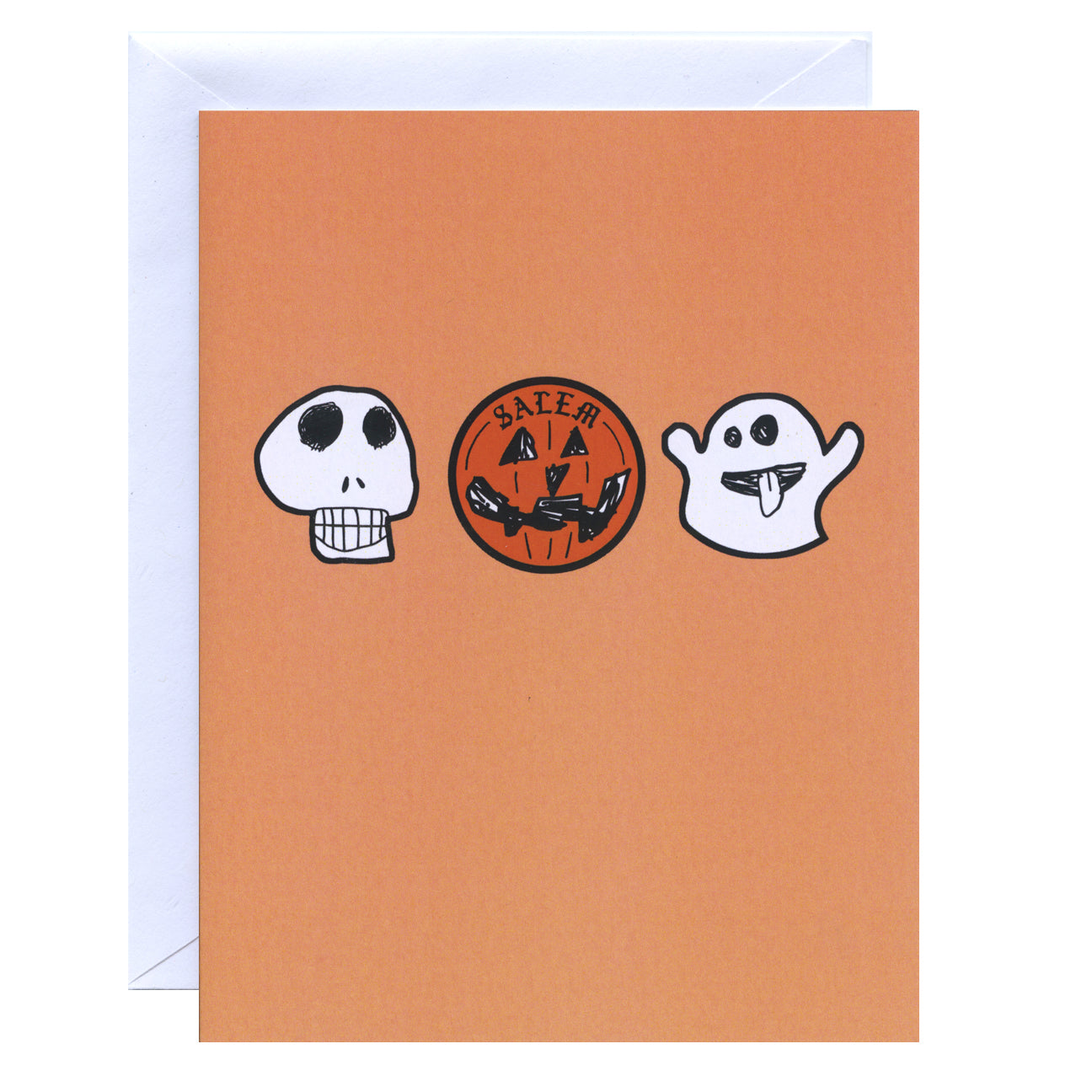 Skull, pumpkin and ghost orange greeting card that says Salem on the pumpkin. 