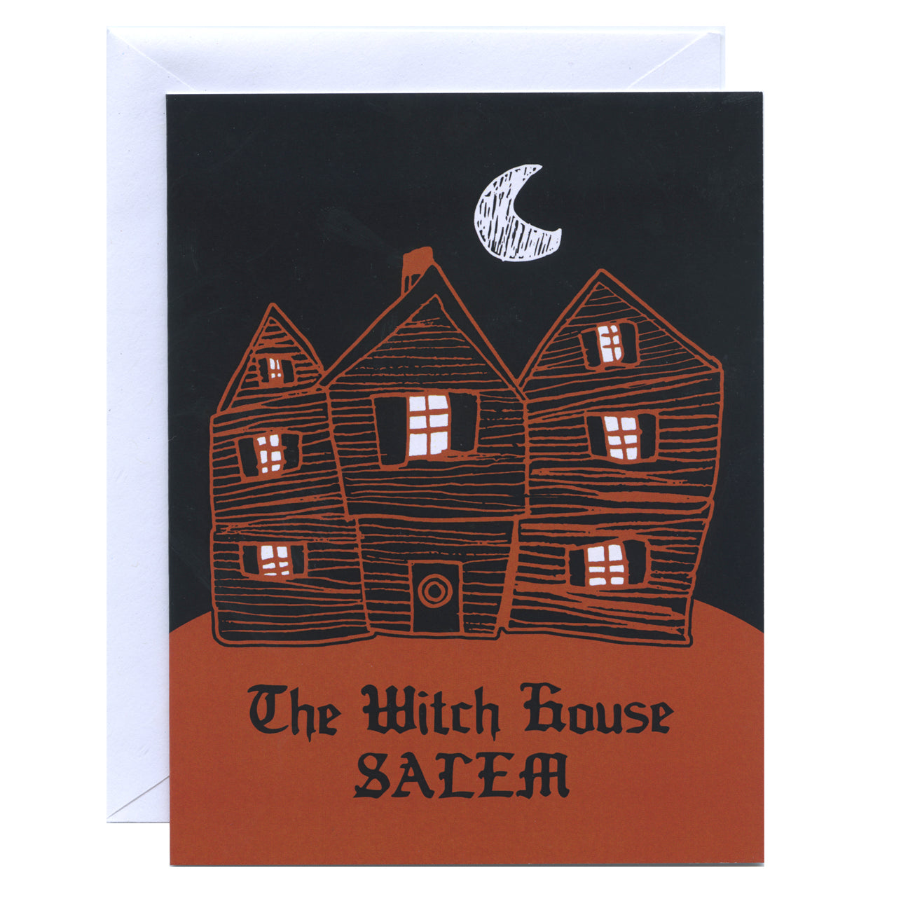 The Witch House Salem greeting card in black, orange and white moon.